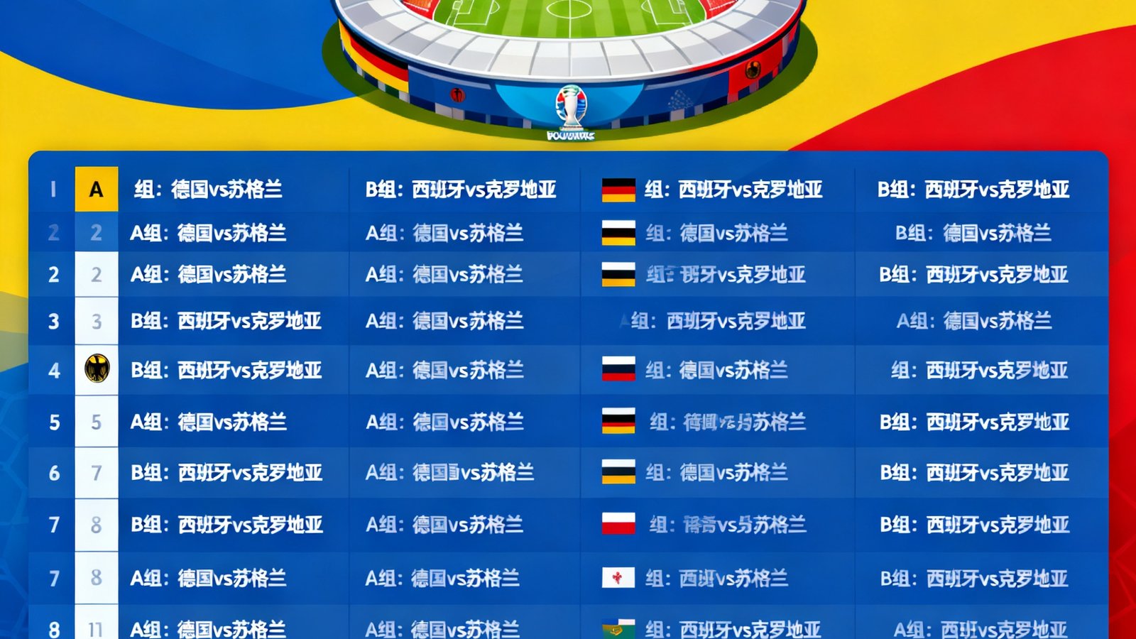 2024年欧洲杯官方赛程表与友博体育直播安排宣传图，展示德国欧洲杯标志性的彩色球场图案与各小组对阵表，配以友博体育品牌标识