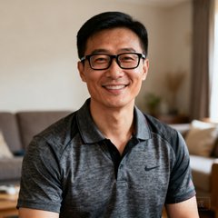 一位35岁左右的中国男性体育爱好者头像，戴着黑框眼镜，穿着休闲Polo衫，背景为居家客厅环境，面带满意微笑